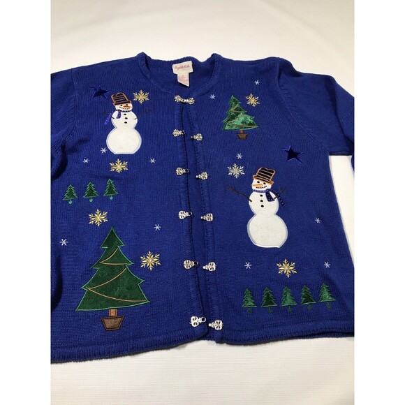 Vintage Crystal Kobe Heavy Knitted Christmas Snowmen Sweater Blue Size Medium - Picture 2 of 9